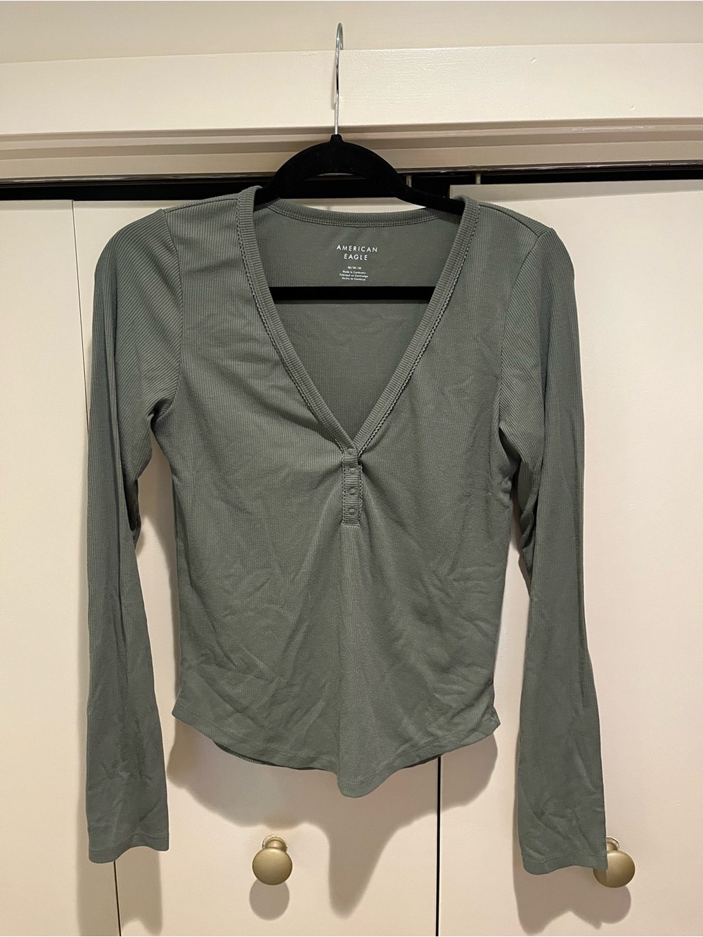 American Eagle Outfitters Sage Green Long-Sleeve V-Neck Henley Top